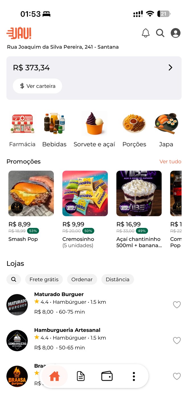 Tela inicial do aplicativo Uau! Delivery, com saldo de cashback, categorias, promoções e lojas