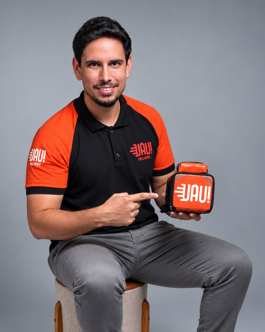 Jansen Rodrigues, fundador do Uau! Delivery, de polo preta e laranja da marca, sorrindo e apontando para uma mini bag do Uau!