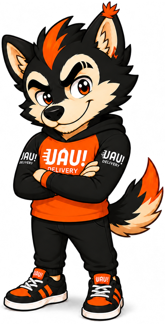 Abel, mascote do Uau! Delivery: um lobo de moletom laranja com os braços cruzados